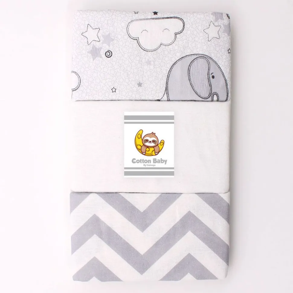 100% Cotton Fitted Cradle/Pram Sheets - 3 Pack Grey - Made In Portugal