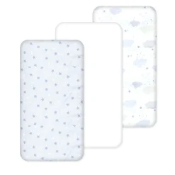 100% Cotton Fitted Cradle/Pram Sheets - 3 Pack Blue - Made In Portugal