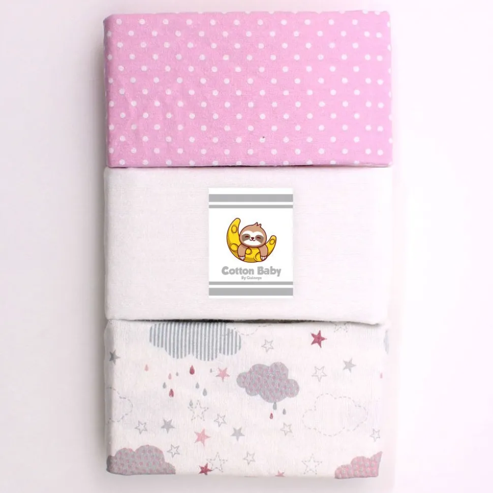 100% Cotton Fitted Moses Sheets 3 Pack Pink - Made In Portugal
