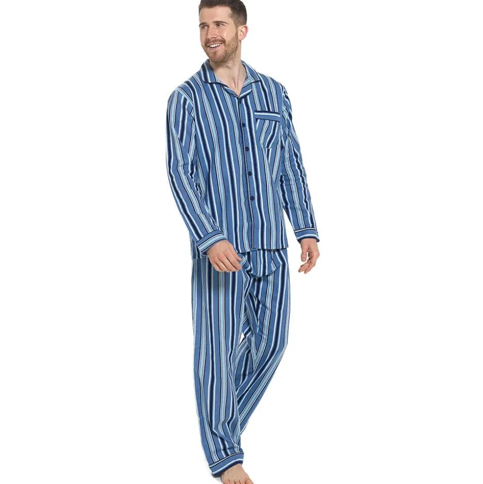 100% Cotton Flannelette Pyjamas Light Blue Stripe