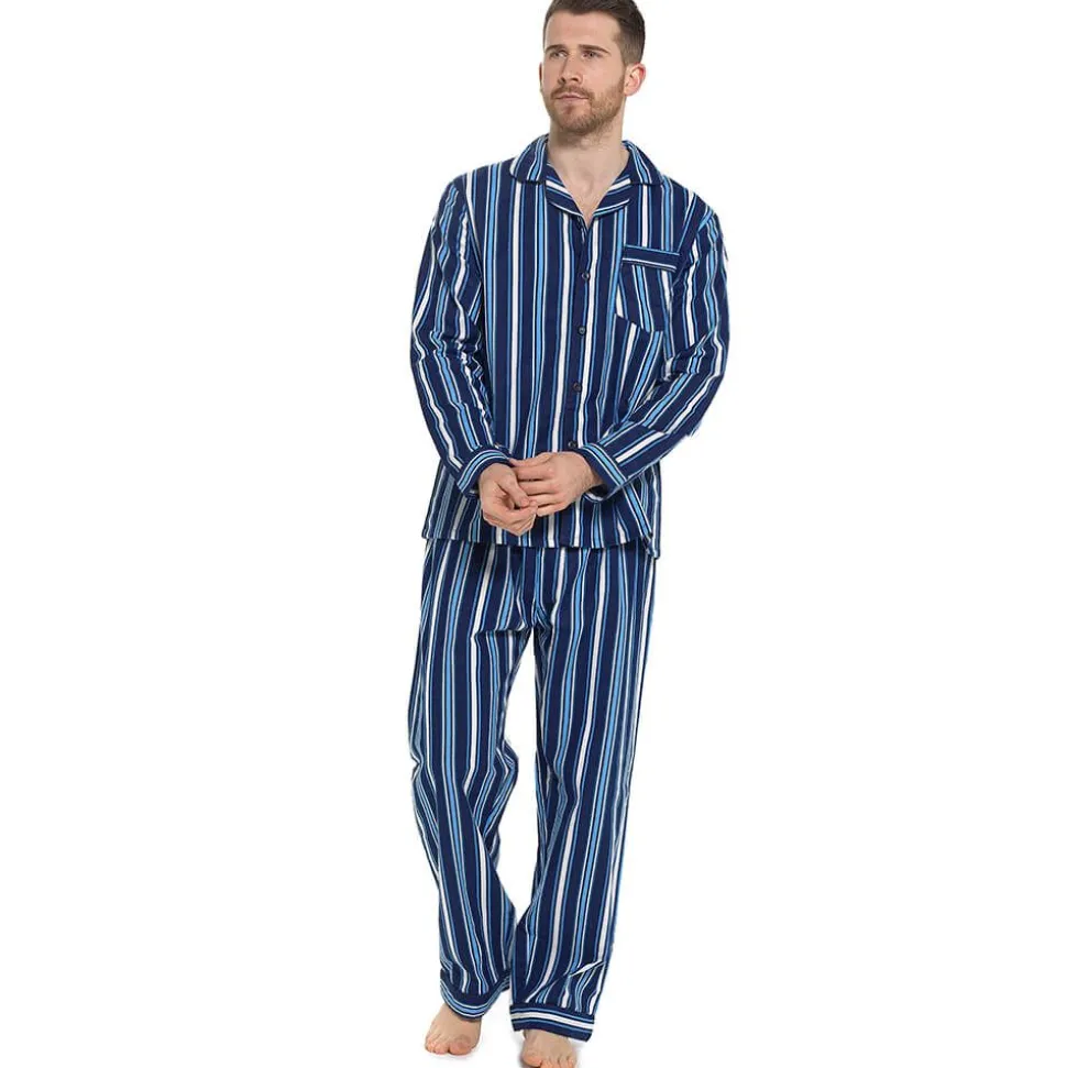 100% Cotton Flannelette Pyjamas Navy Stripe