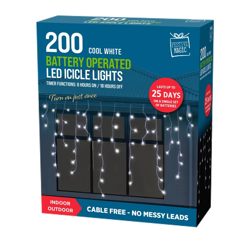 200 White LED Timer Icicle Lights