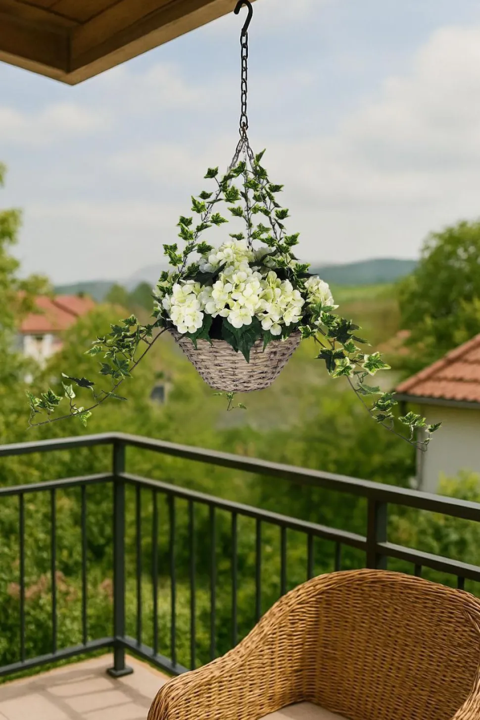 Artificial Hanging Basket Flower Hydrangea Cream 12"