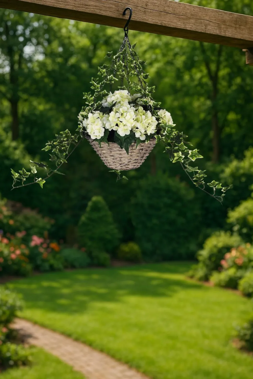 Artificial Hanging Basket Flower Hydrangea Cream 12"