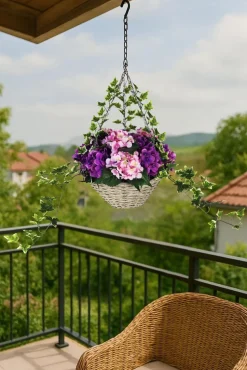 Artificial Hanging Basket Flower Hydrangea Light Purple 12"
