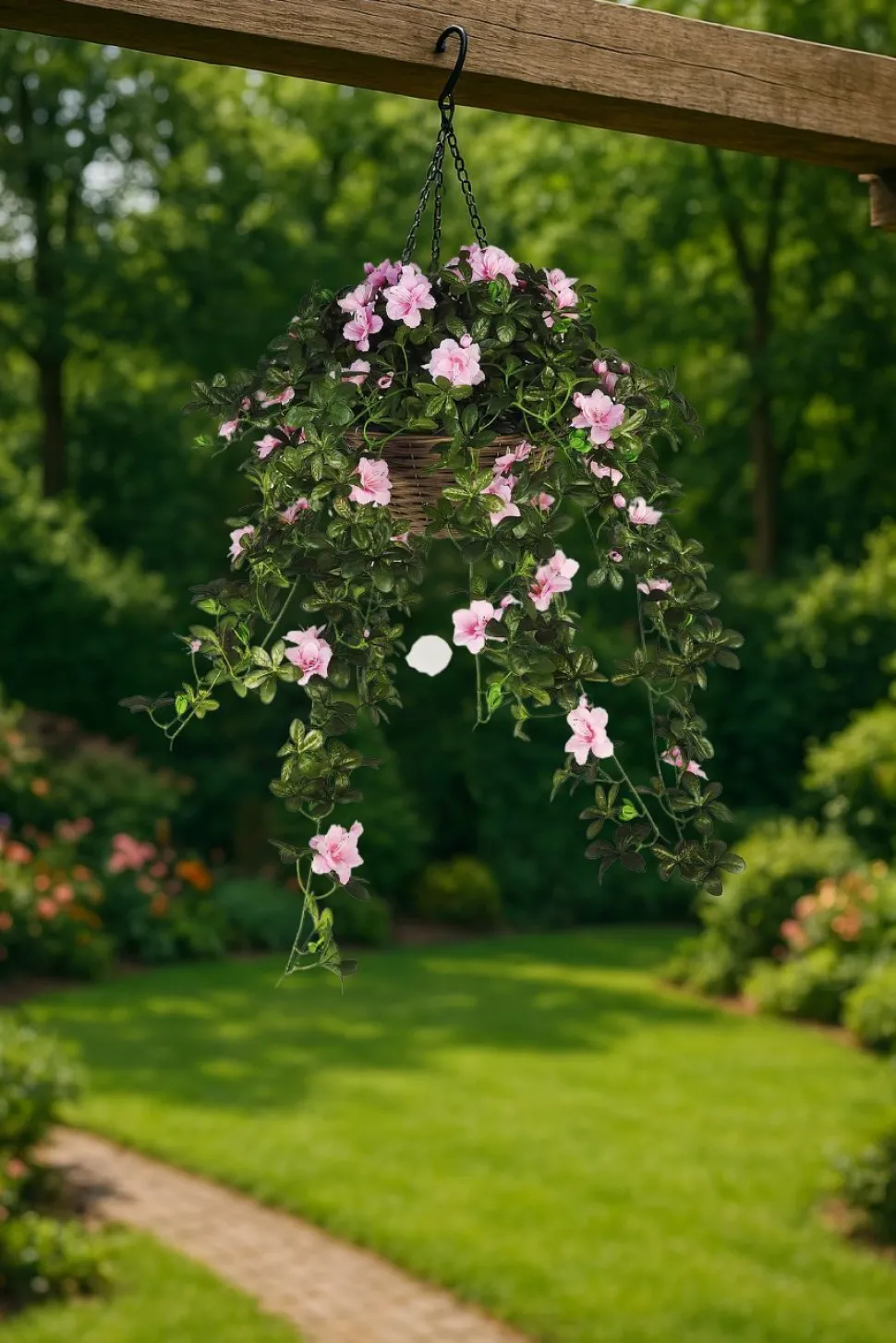 Artificial Hanging Basket Flower Arrangement Azalea Rose Pink 12"