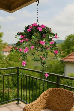 Artificial Hanging Basket Flower Arrangement Azalea Pink 12"