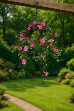 Artificial Hanging Basket Flower Arrangement Azalea Pink 12