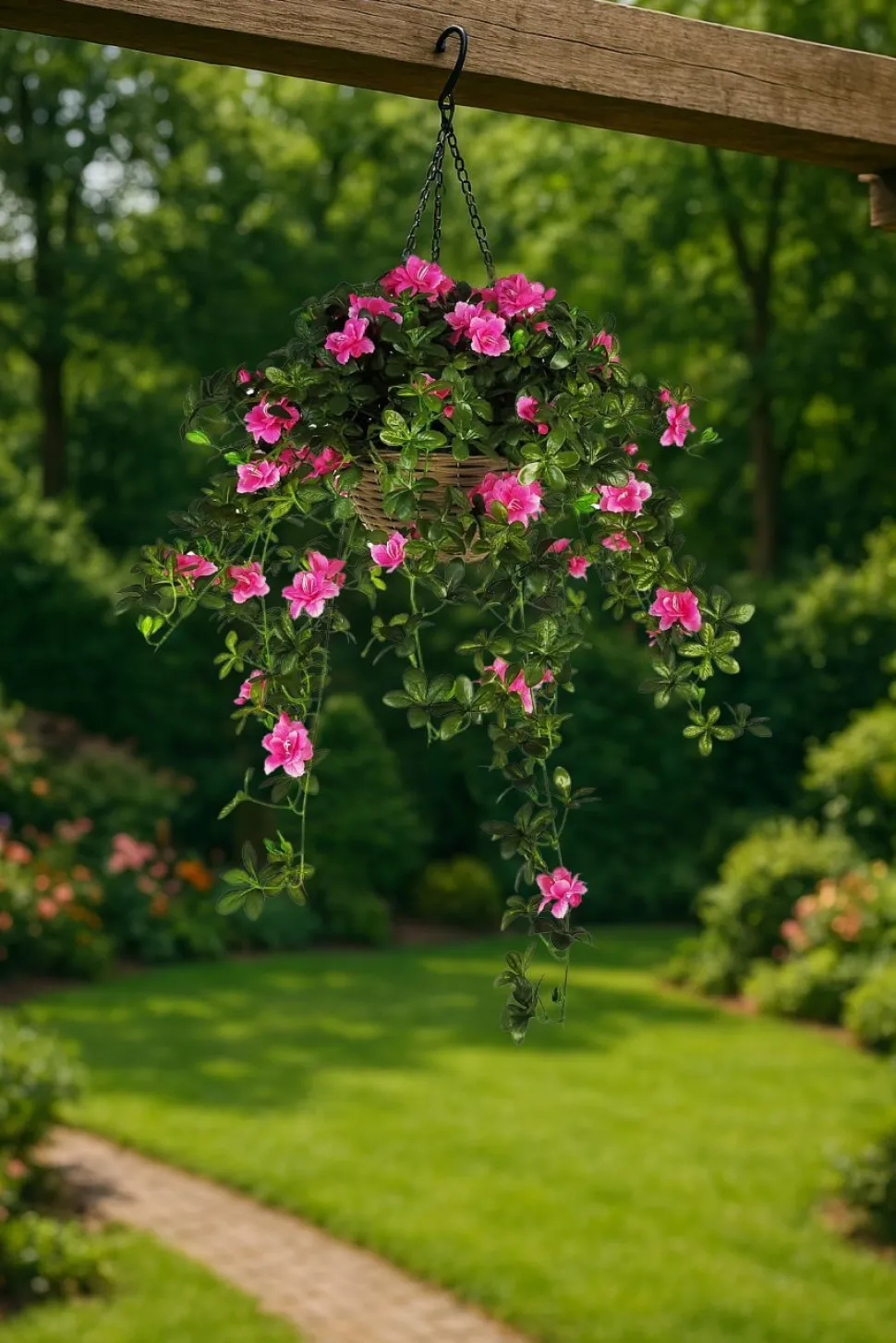 Artificial Hanging Basket Flower Arrangement Azalea Pink 12"