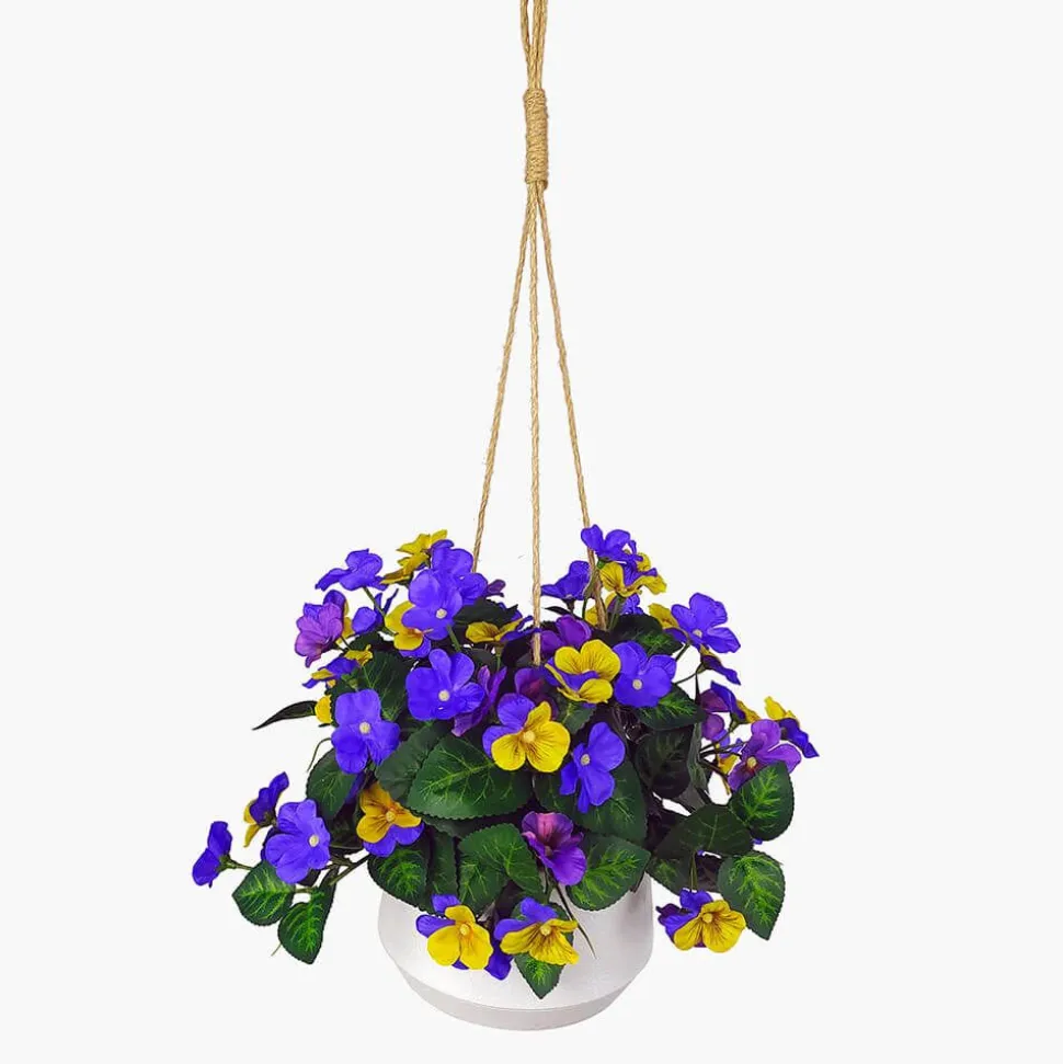 Artificial Hanging Basket Flower Arrangement with White Pot Purple