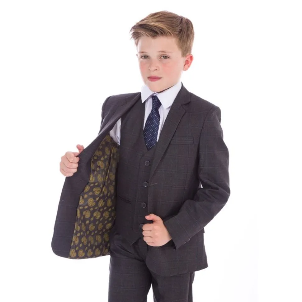 Boys 5 Piece Check Suit Grey