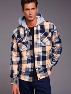 Check Fleece Men's Hooded Shirt Brown