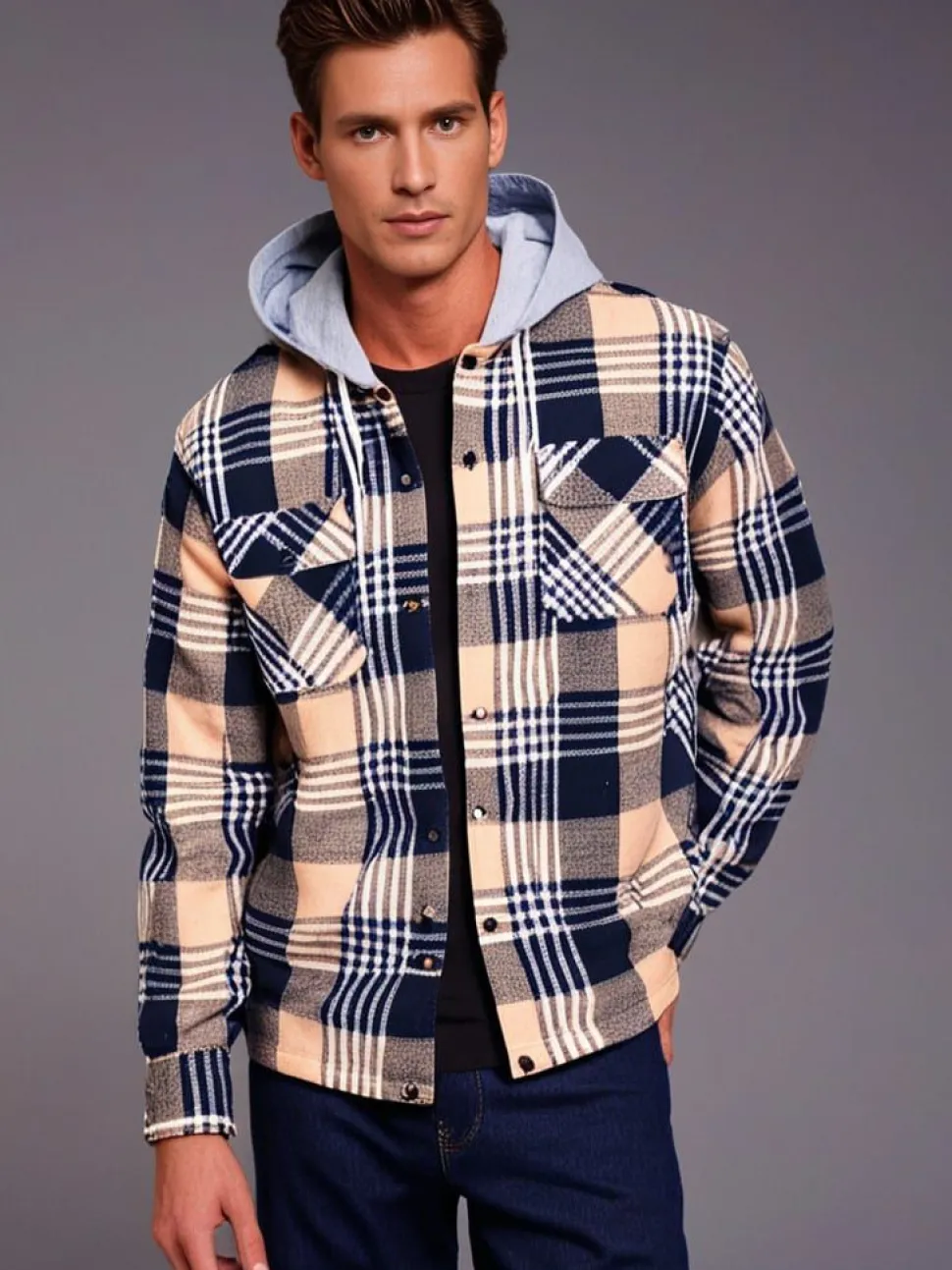 Check Fleece Men's Hooded Shirt Brown