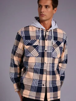 Check Fleece Men's Hooded Shirt Brown