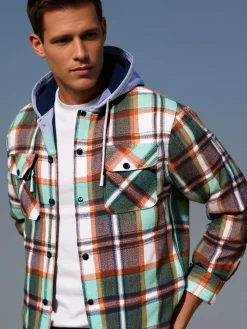 Check Fleece Men's Hooded Shirt Green
