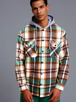 Check Fleece Men's Hooded Shirt Green