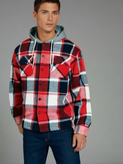 Check Fleece Men's Hooded Shirt Red