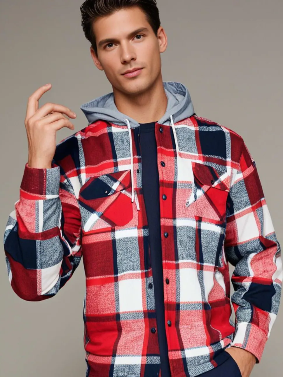 Check Fleece Men's Hooded Shirt Red