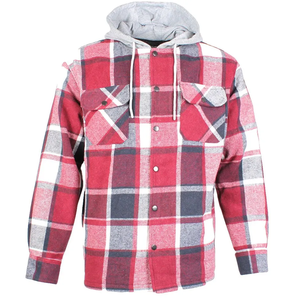 Check Men's Fleece Hooded Shirt Wine