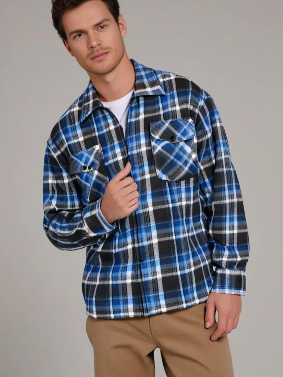Check Men's Fleece Zip Shirt Blue