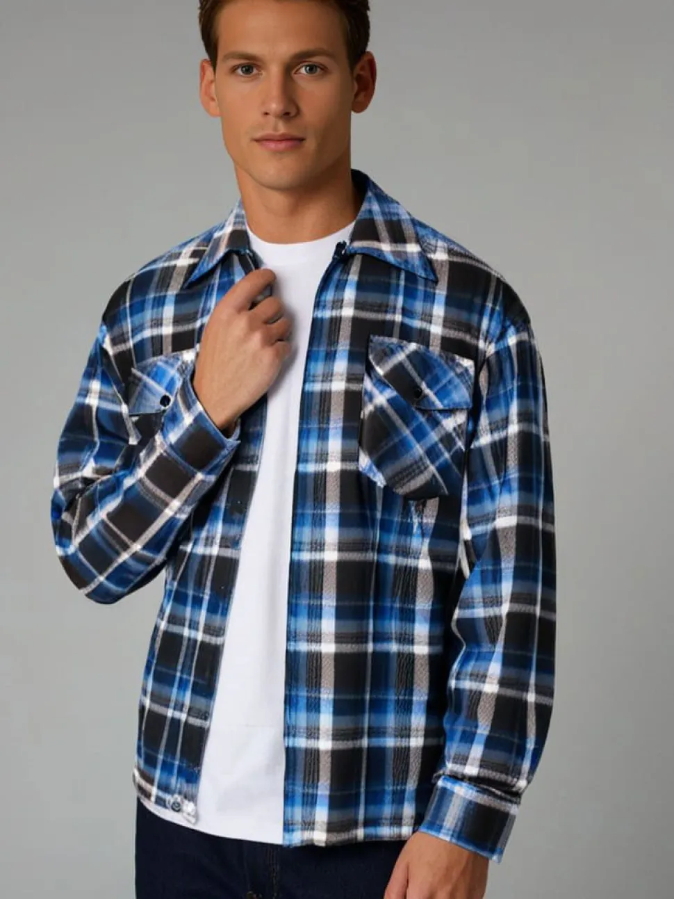 Check Men's Fleece Zip Shirt Blue