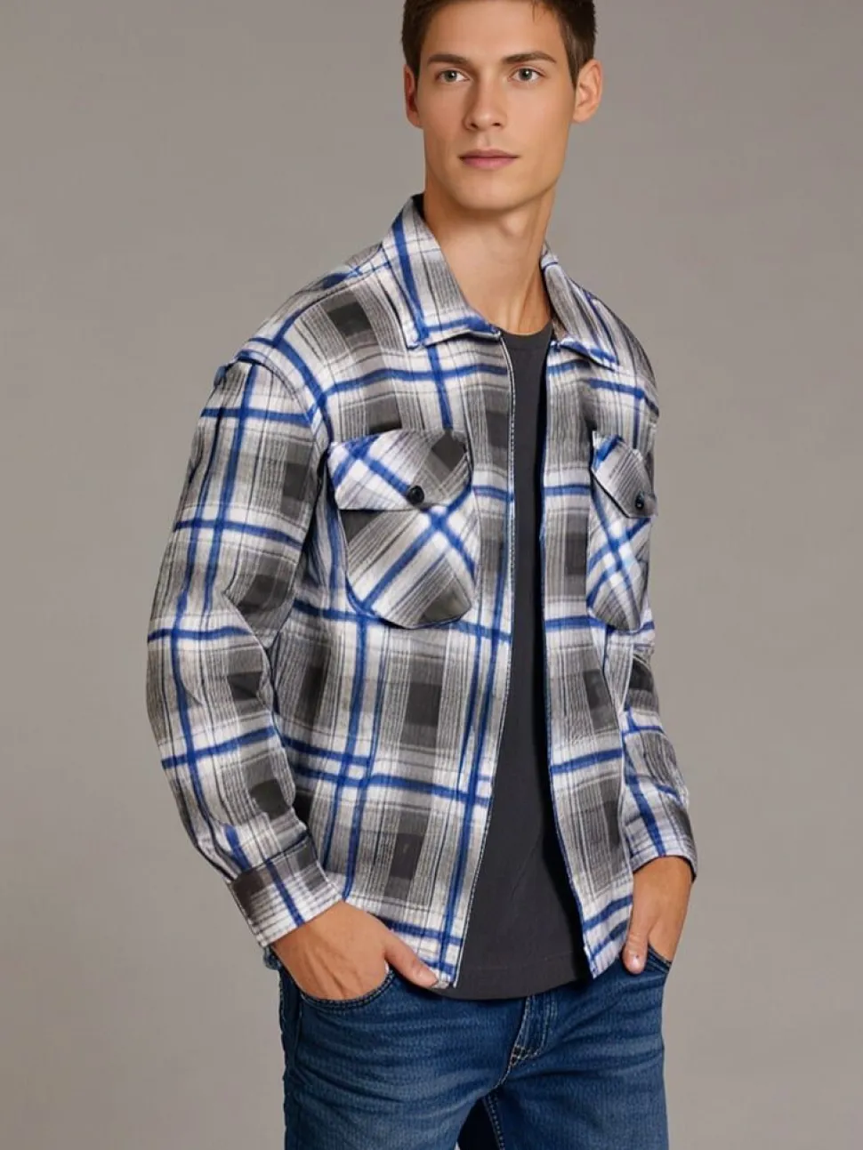 Check Men's Fleece Zip Shirt Grey