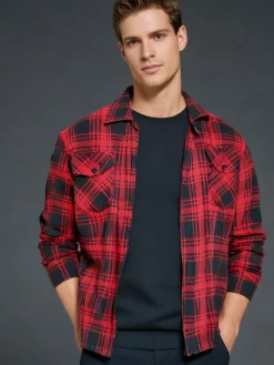 Check Men's Fleece Zip Shirt Red