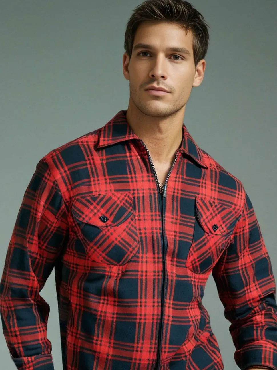 Check Men's Fleece Zip Shirt Red
