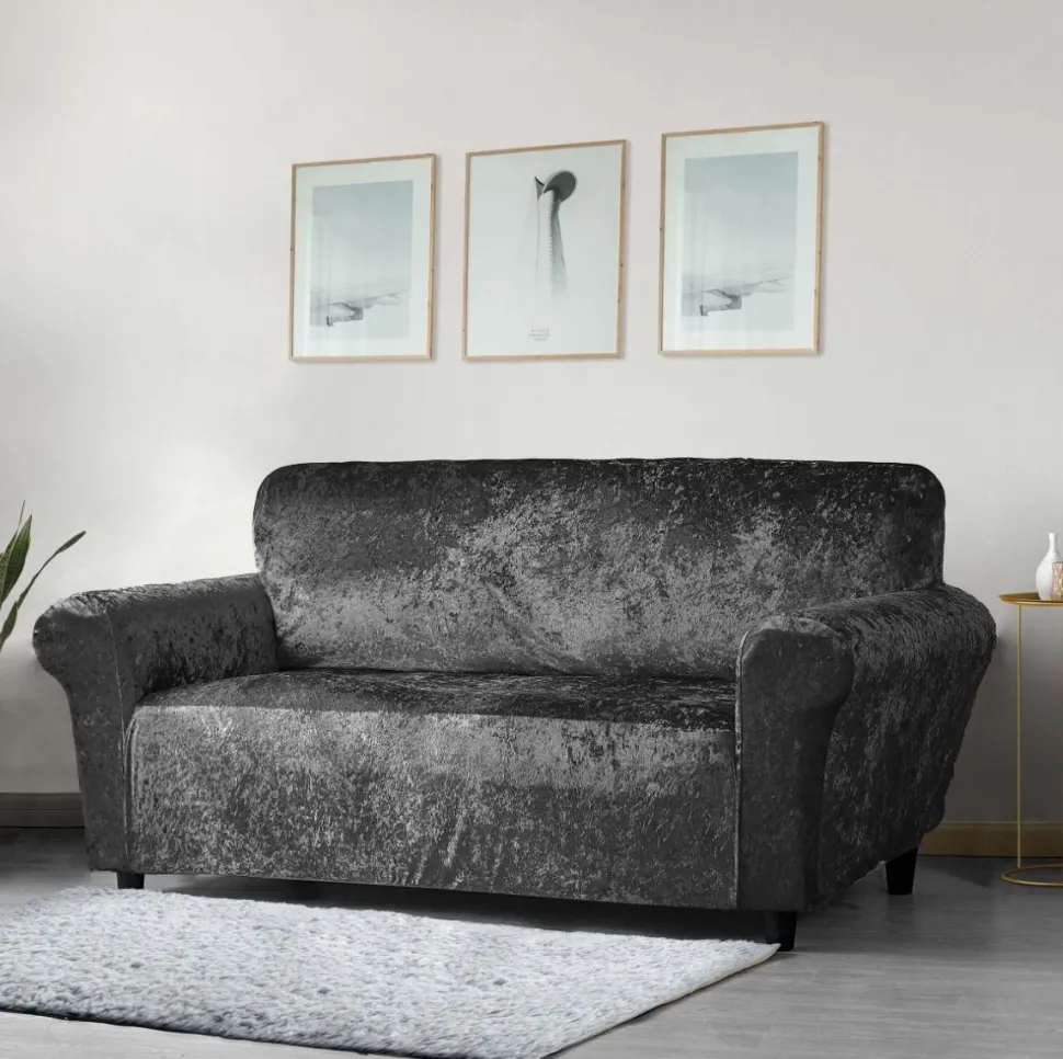 Crushed Velvet Stretch Sofa Cover Charcoal