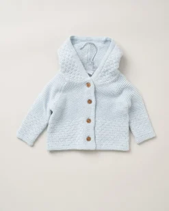 Double Knit Hooded Pom Pom Baby Cardigan - Blue