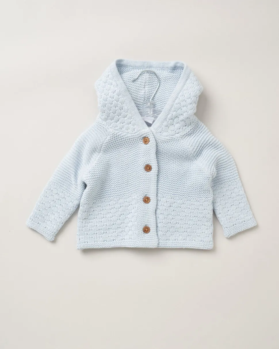 Double Knit Hooded Pom Pom Baby Cardigan - Blue