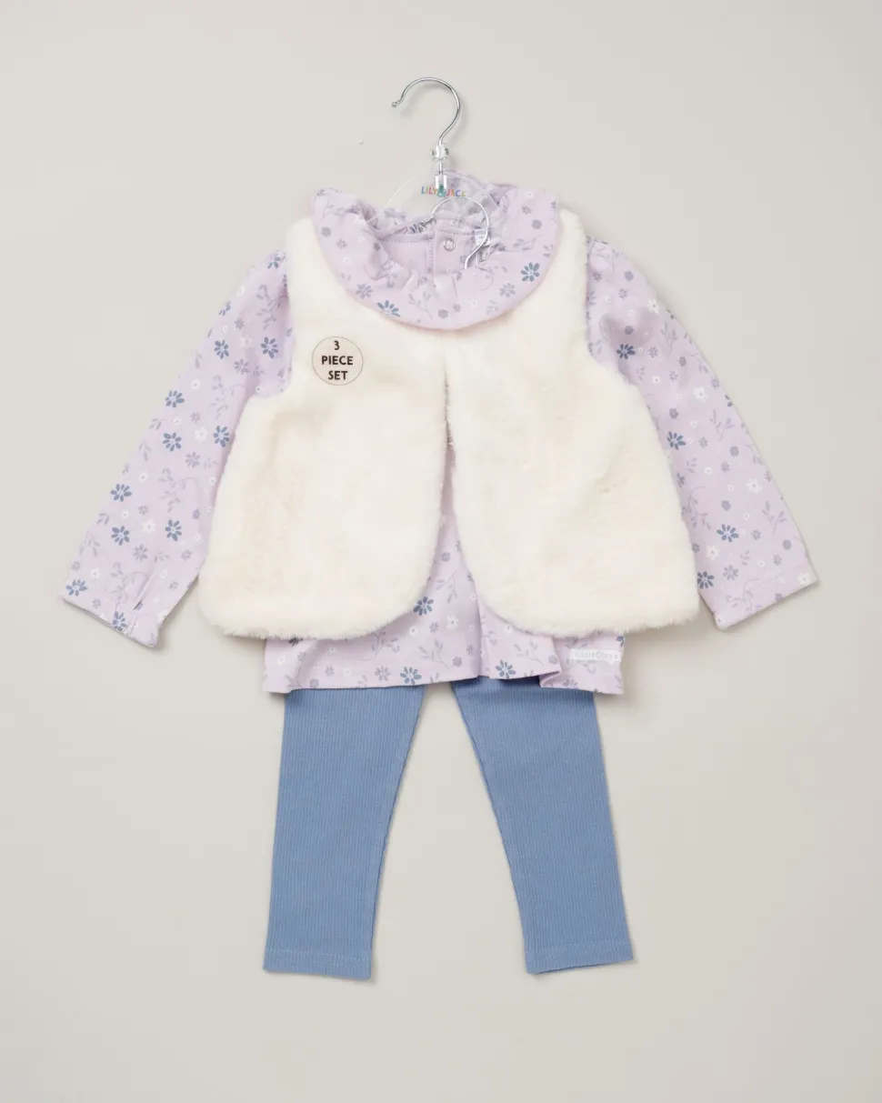 Lily & Jack Faux Fur Gilet 3-Piece Lilac Floral Outfit Set