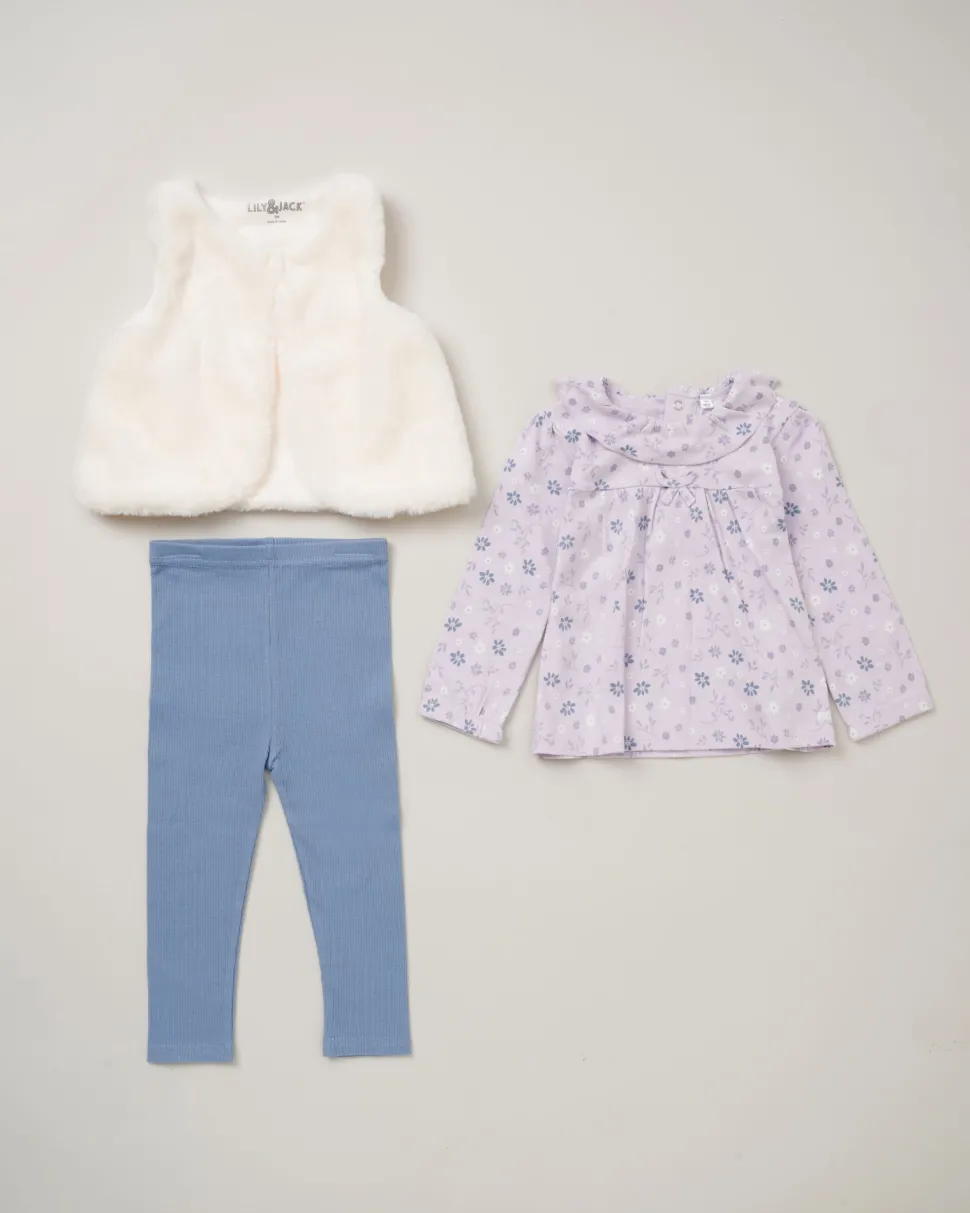 Lily & Jack Faux Fur Gilet 3-Piece Lilac Floral Outfit Set