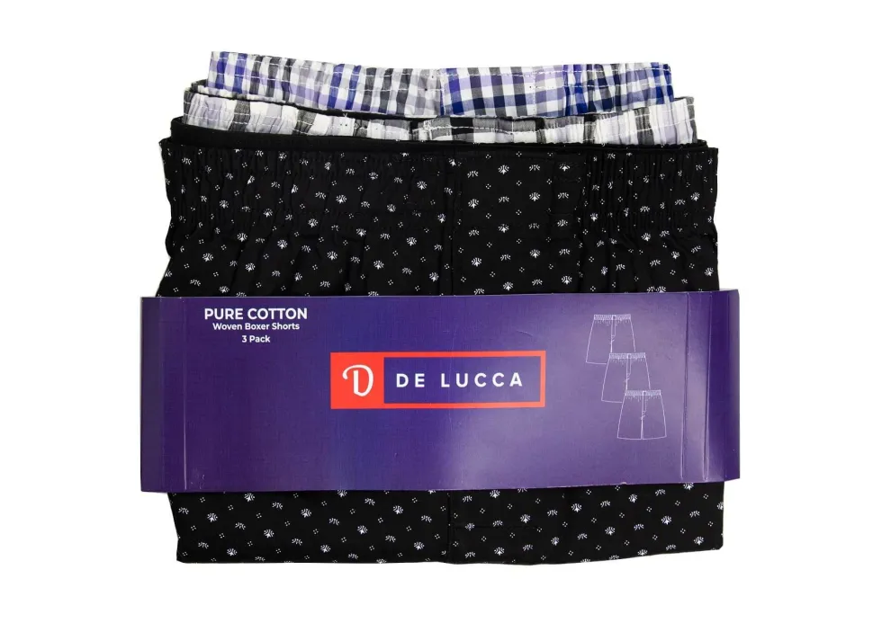 Men's 100% Cotton De Lucca 3 Pack Boxers Black & Blue Mix