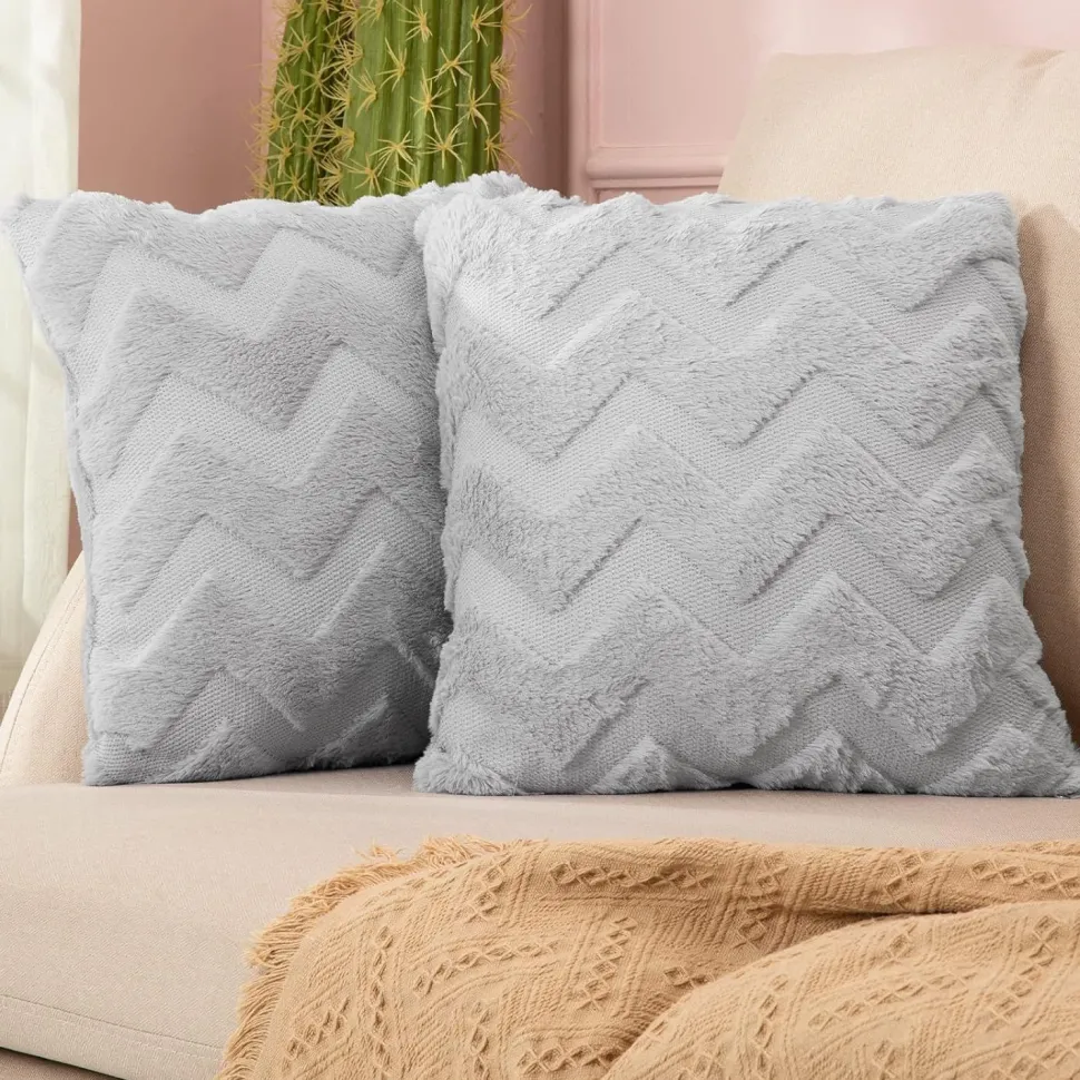 Nyla Soft Plush Zig Zag Silver Cushion Cover