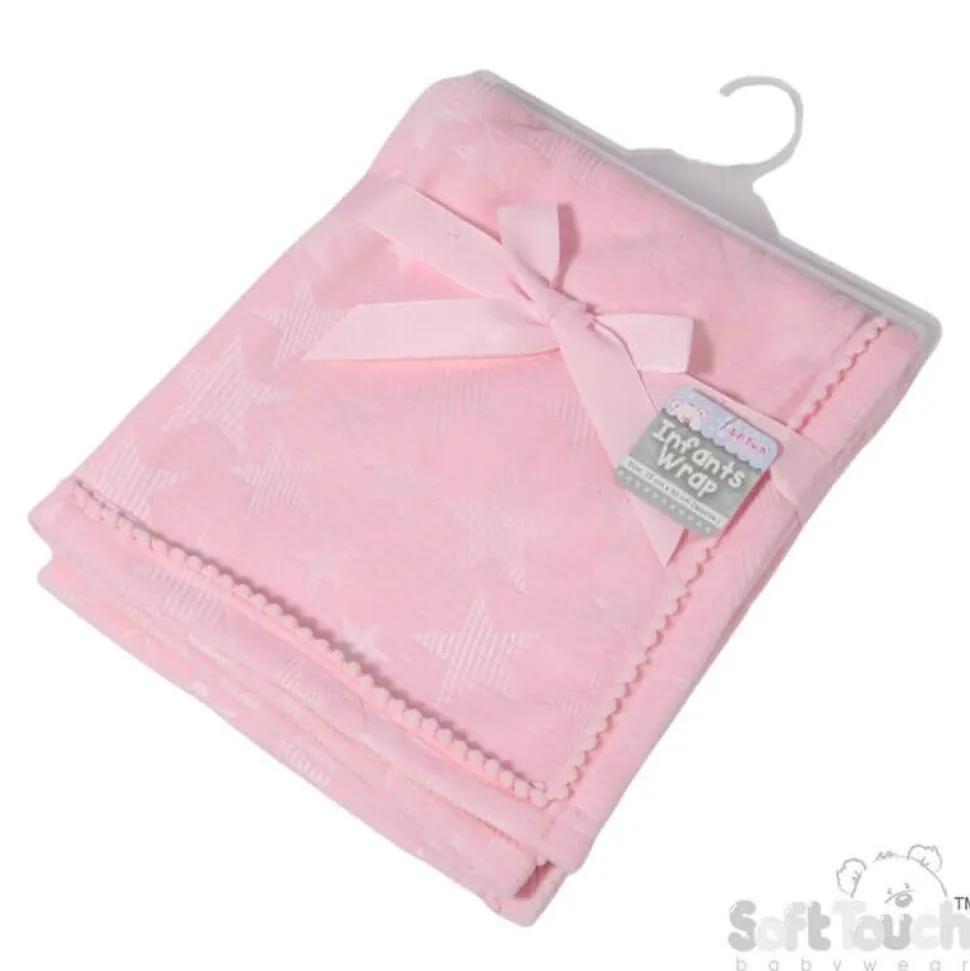 Plush Pink Star Blanket with Pom Trim