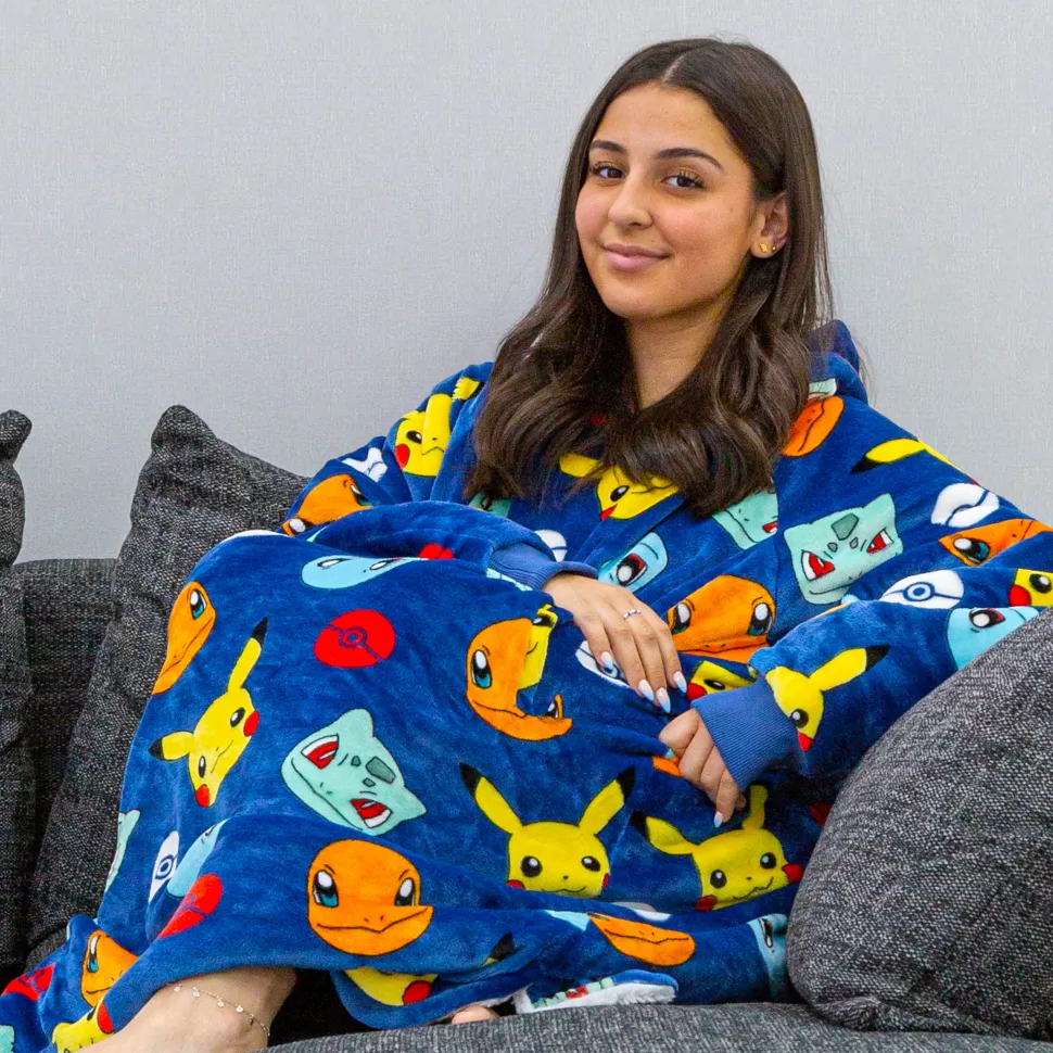 Pokemon Badges Oversized Hugzee Wearable Fleece Hoodie – Large