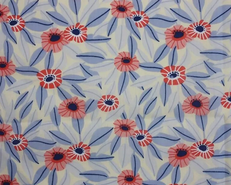 Printed Polycotton Fabric Blue Leaf Cream