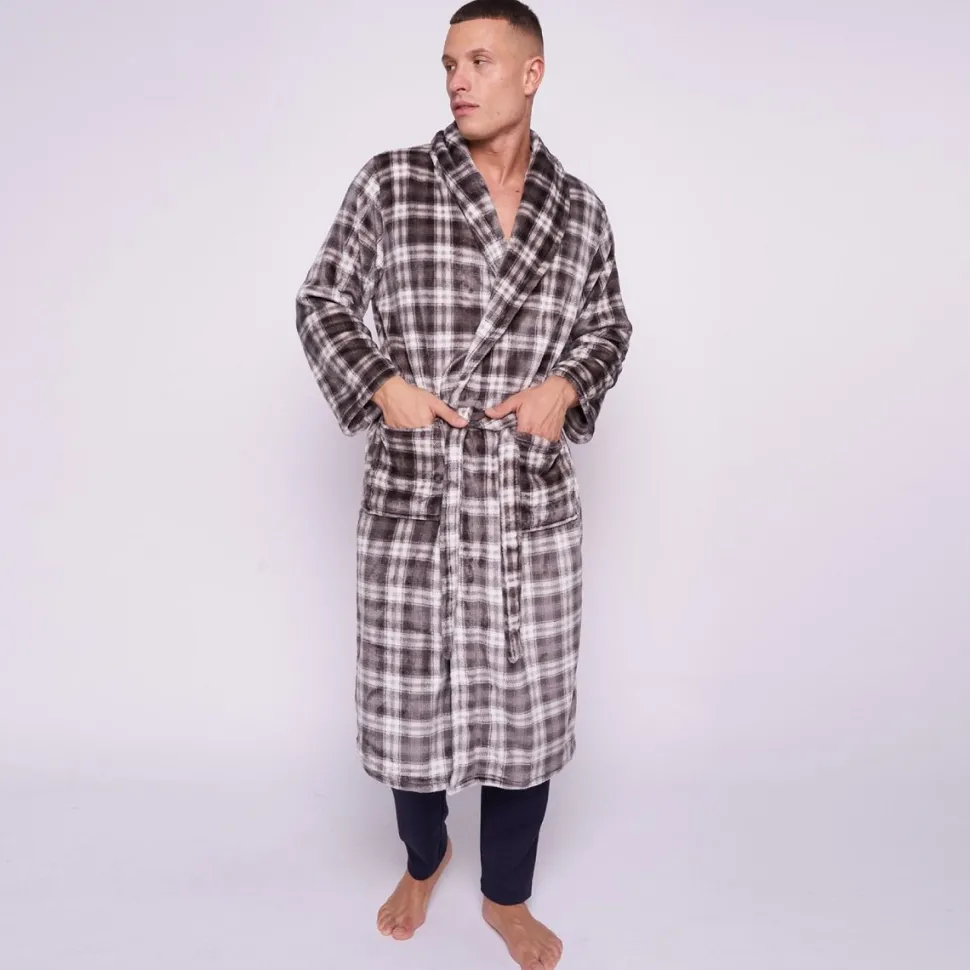 Tartan Check Charcoal Plush Men's Bathrobes