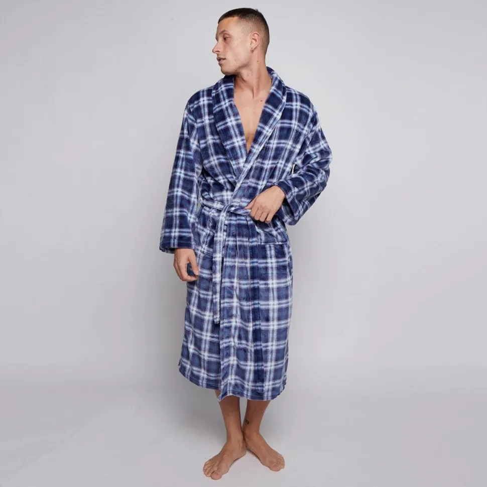 Tartan Check Navy Plush Men's Bathrobes