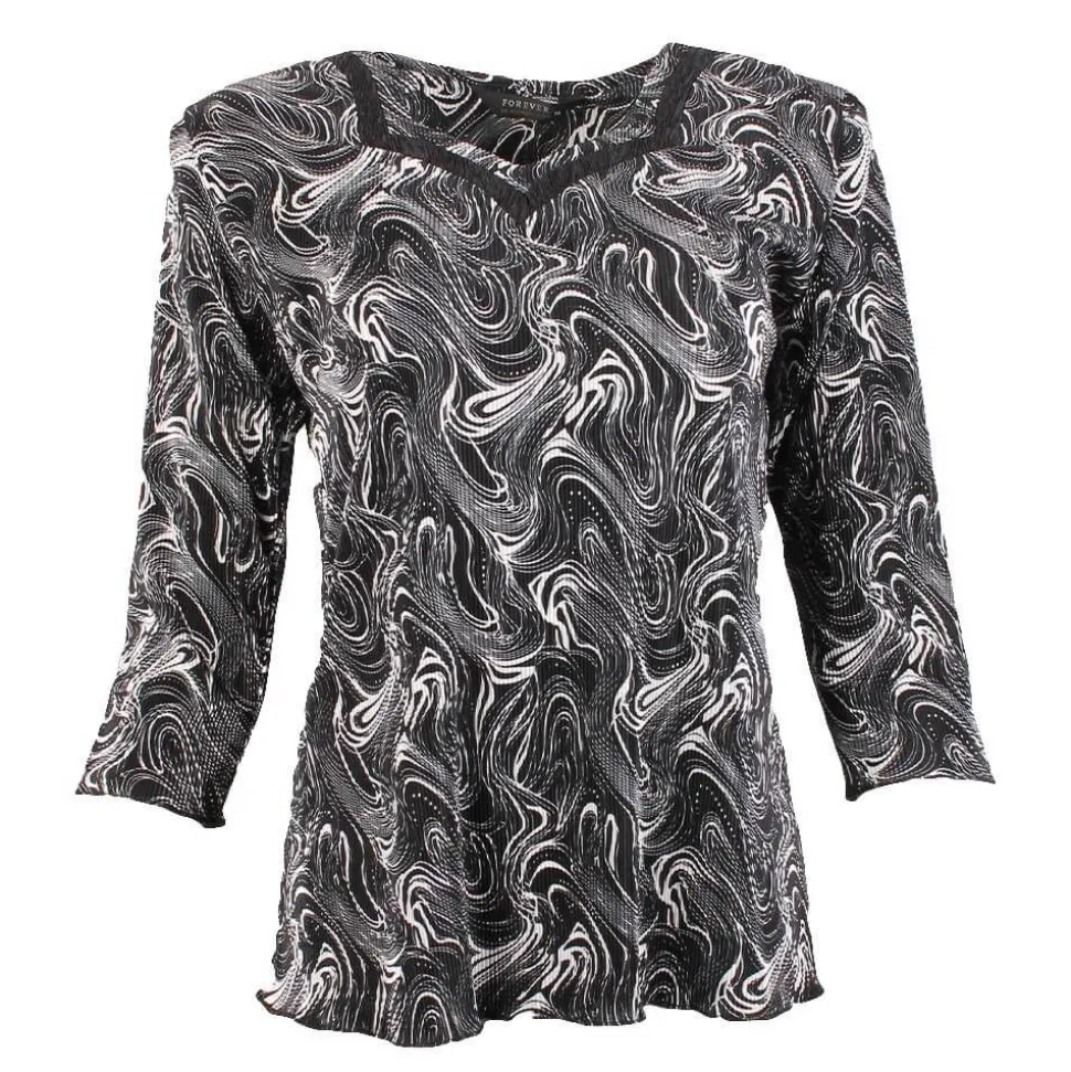Women's 3/4 Sleeve Crinkle Top Swirl Black & White