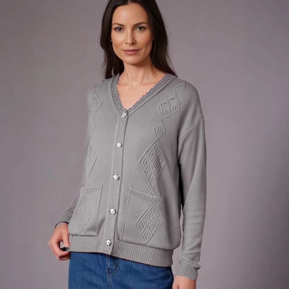 Women's Embroidered Buttoned Cardigan Grey