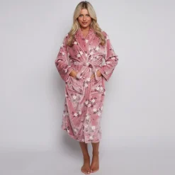 Womens Fleece Floral Bathrobe Pink