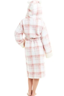 Women's Pink and White Check Fleece Dressing Gown