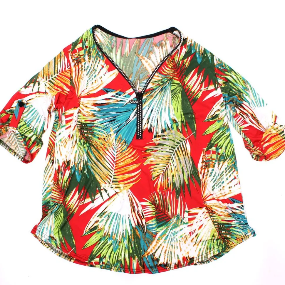 Womens Zip Palm Leaf Top Orange